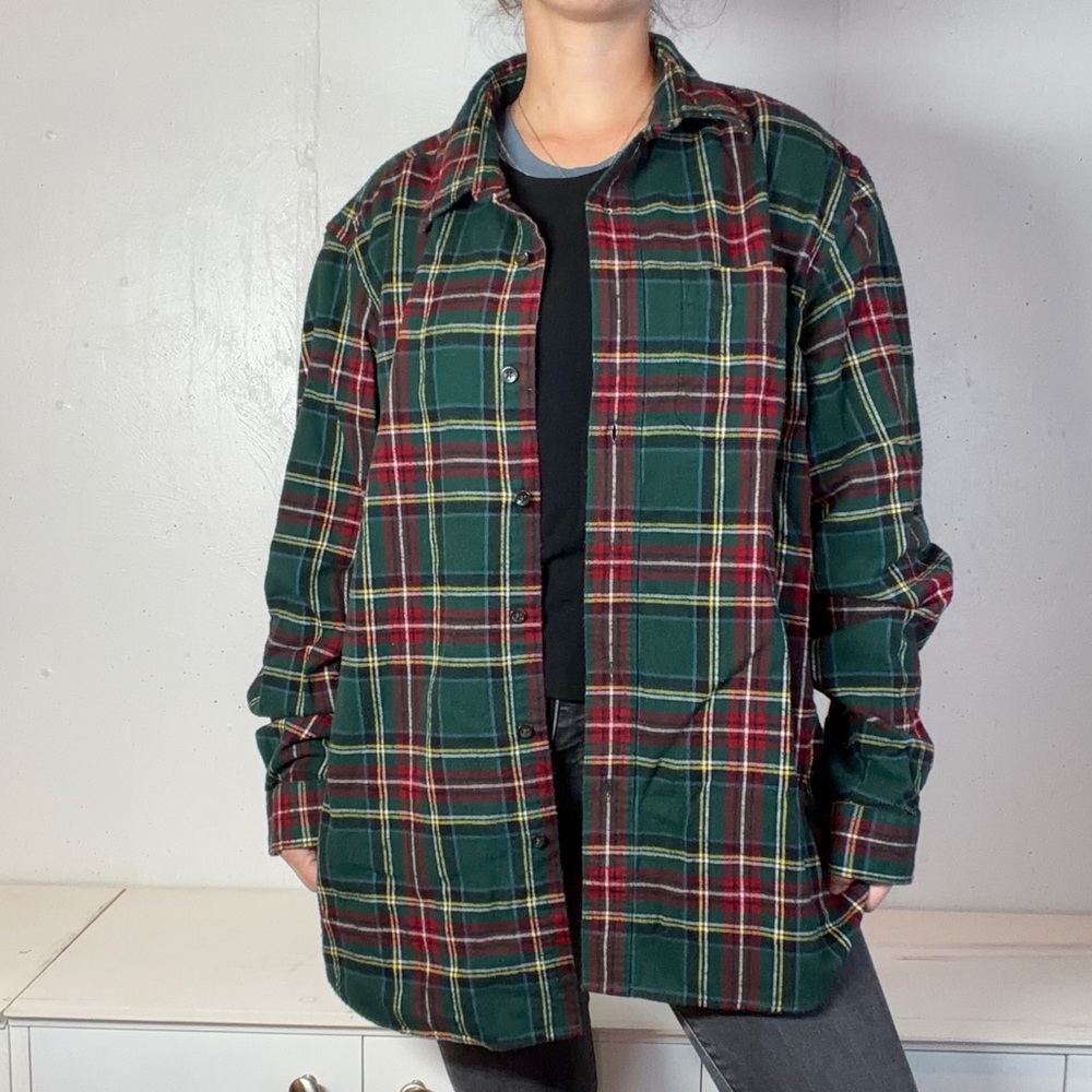 L.L. Bean Green + Red Traditional Long Sleeve Flannel Button Down Shirt